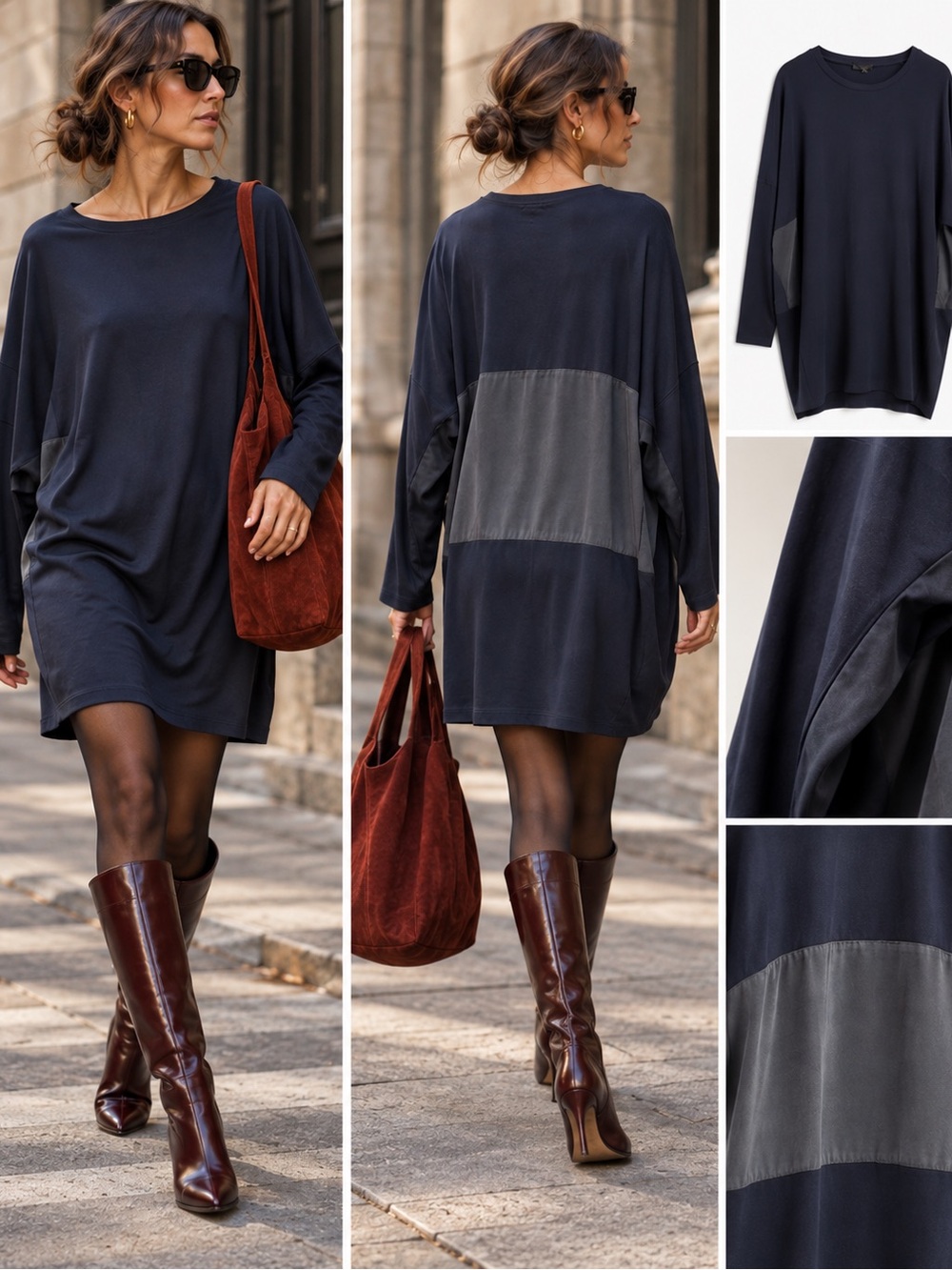 COS Navy Cocoon Tunic Dress M with 100% Silk Contrast Panel